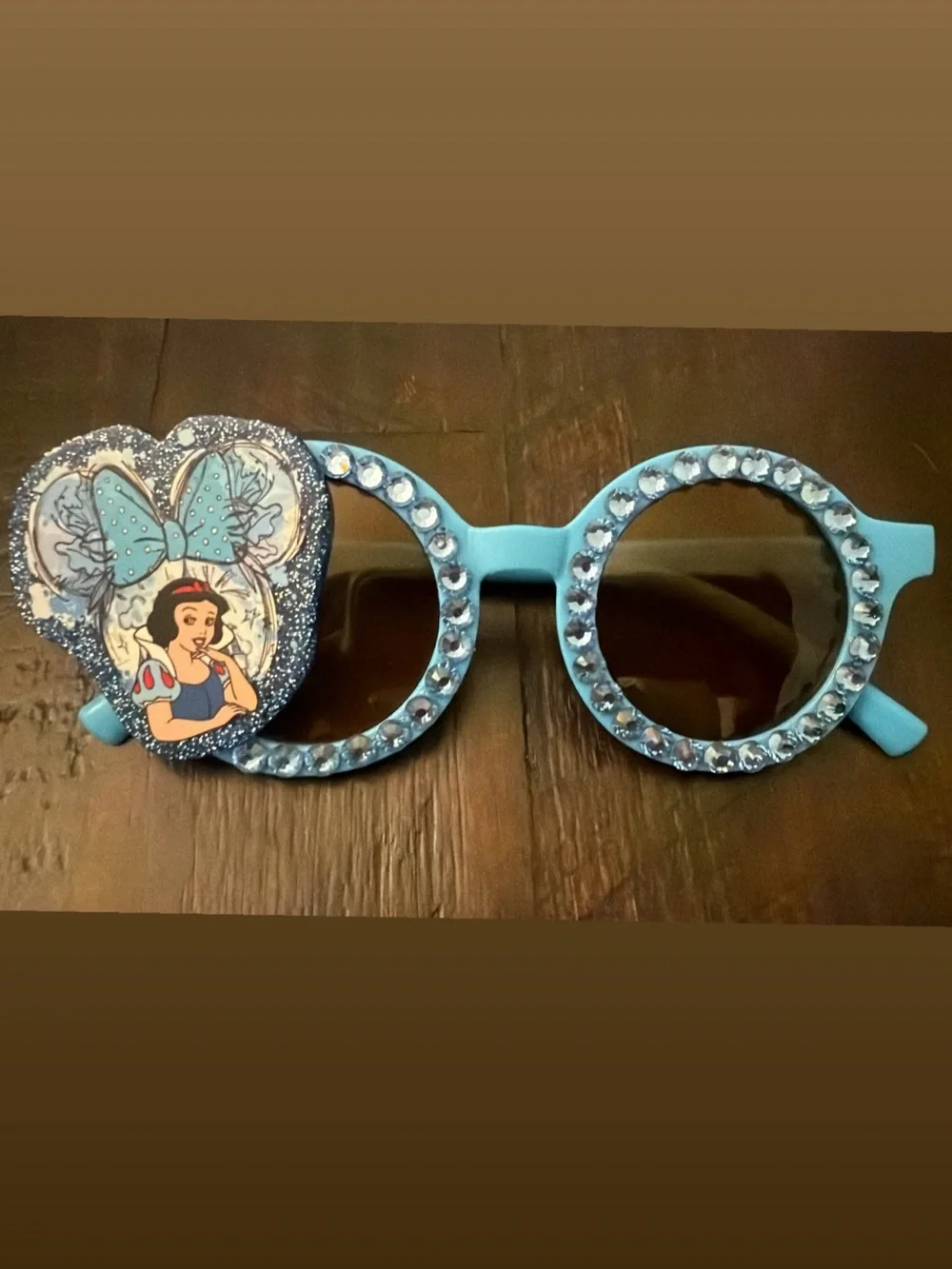 Blue Rhinestone Round Sunglasses with Snow White Heart Accent
